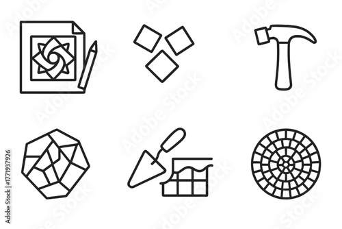 Mosaic Art Icons. Line style icons of Mosaic Art: Design Sketch, Smalti, Tile, Hammer, Mosaic Fragment, Trowel, Grout, Pattern, No