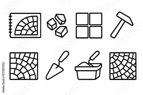 Mosaic Art Icons. Line style icons of Mosaic Art: Design Sketch, Smalti, Tile, Hammer, Mosaic Fragment, Trowel, Grout, Pattern, No