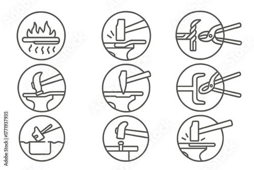 Metalworking Process Icons. Line style icons of metalworking process in round shape: heating bar, hammering metal, twisting steel,
