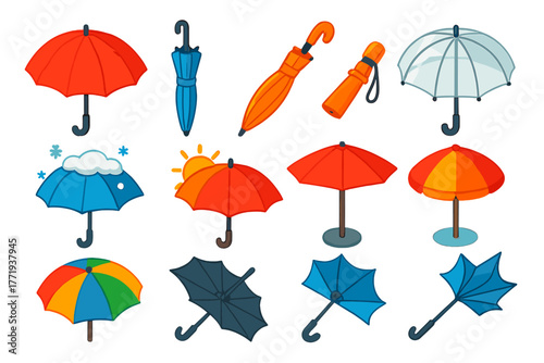 Vibrant Umbrella Icons. Isometric vector illustration set Rain Gear Umbrella Icons: open umbrella, closed umbrella, folding