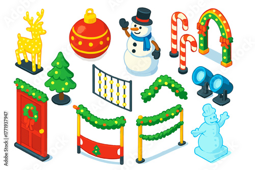 Festive Outdoor Decor Icons. Isometric vector illustration set Festive Outdoor Decorations: illuminated reindeer, giant ornament,