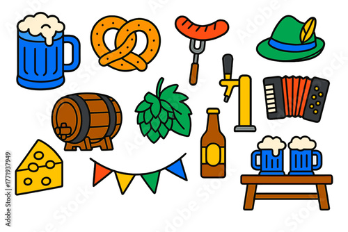 German Festival Icons. Isometric vector illustration set German Folk Festival Linear Icons: beer stein, pretzel, grilled sausage,
