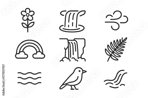 Flowering Waterfall Icons. Line style icons of Flowering Waterfall: Wildflower, Plunge Pool, Mist, Rainbow, Cliff Face, Fern,