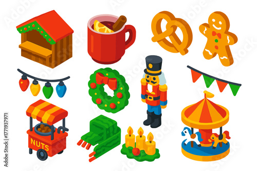 Christmas Market Icons. Isometric vector illustration set Christmas Market Icons: wooden stall, mulled wine mug, pretzel,