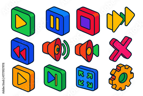 Vibrant Media Icons. Isometric vector illustration set Media Control Icons: play button, pause button, stop button, fast forward,