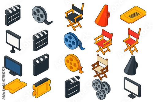 Filmmaking Vector Icons. Isometric vector illustration set filmmaking elements: striped open clapperboard, reel with film strip,