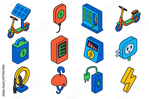 E-Scooter Charging Icons. Isometric vector illustration set E-Scooter Charging Infrastructure Icons: solar charging station, wall