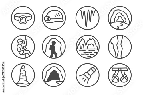 Caving Icons Collection. Line style icons of caving in round shape: headlamp, helmet, stalactite, cavern; rope descent, caver