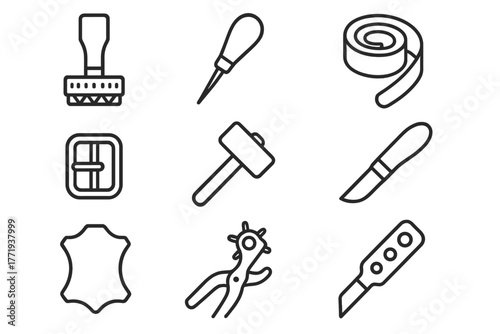 Leatherworking Line Icons. Line style icons of Leatherworking: Stamping Tool, Awl, Leather Strap, Buckle, Mallet, Cutting Knife,