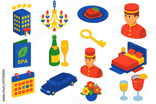 Luxury Hospitality Icons. Isometric vector illustration set Luxury Hospitality Icons: five-star hotel building, chandelier,