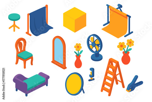 Portrait Studio Props. Isometric vector illustration set Portrait Photography Props: posing stool, posing cube, fabric backdrop,