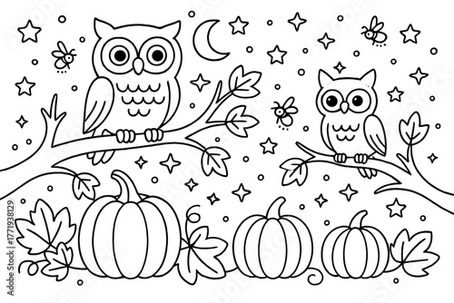 Owls in Autumn Night. Magical autumn night with owls on branches, stars, pumpkins, and fireflies glowing, black and white line art