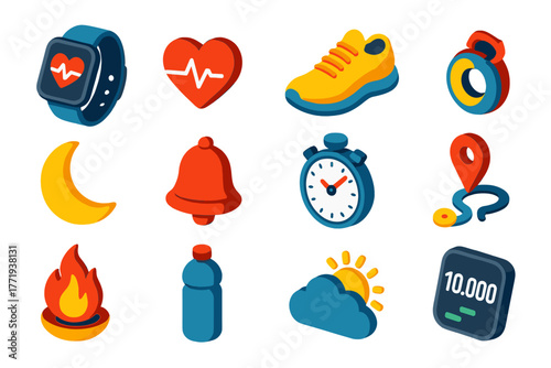 Sport Smartwatch Icons. Isometric vector illustration set Sport Smartwatch Icons: smartwatch, heartbeat icon, sports shoe, moon