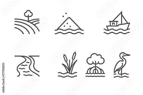 Delta Ecosystem Icons. Line style icons of Delta: Fertile Land, Sediment, Fishing Boat, Distributary, Water Channel, Reed,