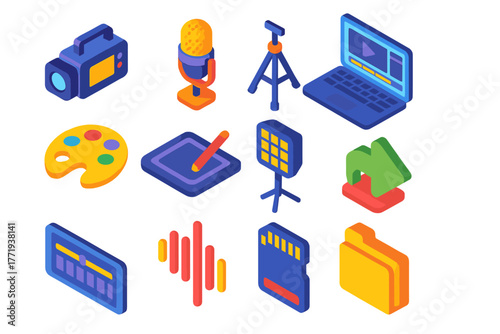 Editing Room Icons. Isometric vector illustration set Editing Room Icons: video camera, microphone, tripod, laptop, palette,