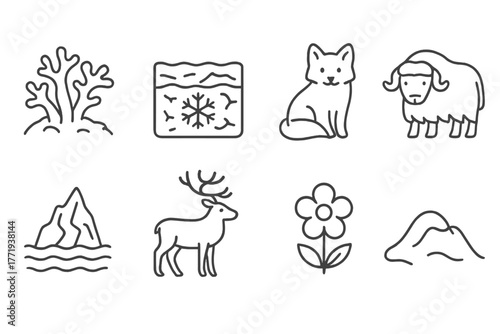Tundra Icon Set. Line style icons of Tundra: Lichen, Permafrost, Arctic Fox, Musk Ox, Iceberg, Caribou, Tundra Flower, Snowdrift,