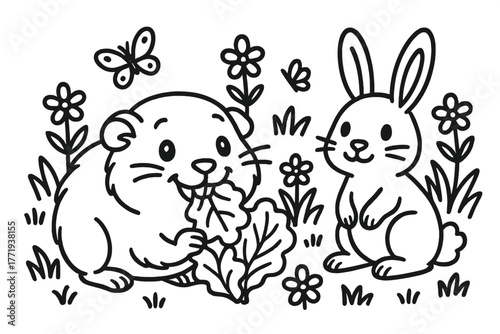 Guinea Pig Delight. Smiling guinea pig nibbling on lettuce leaves with flowers, butterflies, and a rabbit nearby, black and white