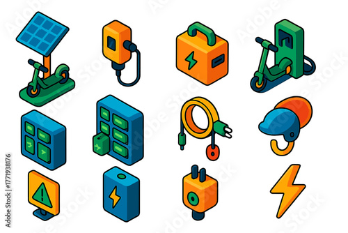E-Scooter Charging Icons. Isometric vector illustration set E-Scooter Charging Infrastructure Icons: solar charging station, wall
