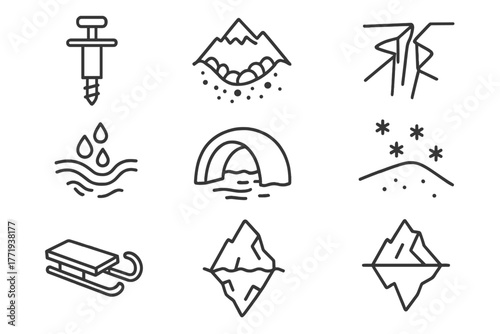 Glacier Icon Line Art. Line style icons of Glacier: Ice Core Drill, Moraine, Crevasse, Meltwater, Glacier Cave, Snowfield, Sledge,
