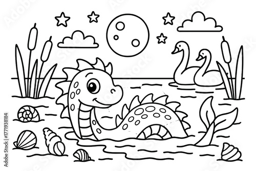 Water Dragon Lagoon. Curious water dragon swimming in a lagoon with shells, swans, and reeds shining under moonlight, black and
