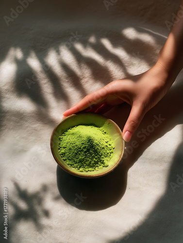 A hand reaches out to grab a bowl of matcha powder