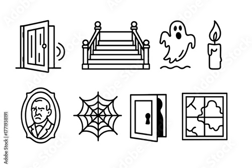 Haunted Mansion Icons. Line style icons of Haunted Mansion: Creaking Door, Grand Staircase, Ghostly Figure, Candle Flame, Old