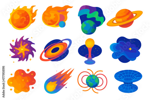 Cosmic Phenomena Icons. Isometric vector illustration set Space Phenomena: solar flare, coronal mass ejection, aurora australis,