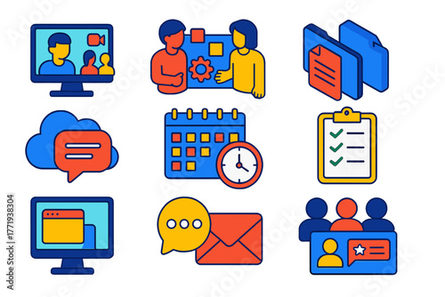 Remote Work Icons. Isometric vector illustration set Remote Work Communication: video meeting icon, project collaboration icon,