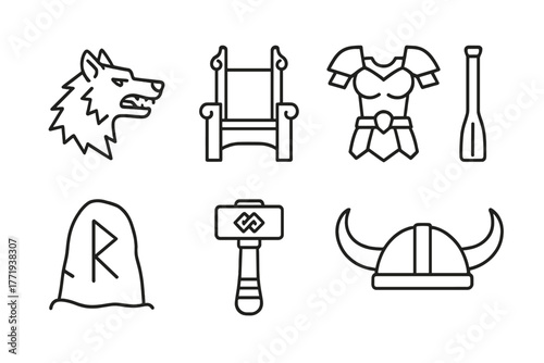 Nordic Mythology Icons. Line style icons of Nordic Myth: Fenrir Wolf, Odin’s Throne, Valkyrie Armor, Longship Oar, Rune Stone,