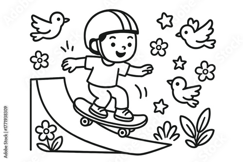 Skateboarder with Cheerful Elements. Skateboarding child with helmet gliding down a ramp with birds, flowers, and stars cheering,