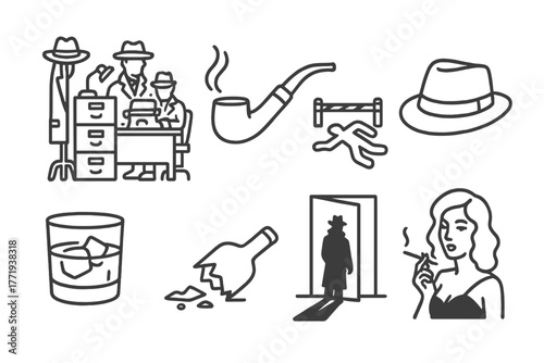 Film Noir Icons. Line style icons of Film Noir: Detective Office, Smoking Pipe, Crime Scene, Fedora Hat, Glass of Whiskey, Broken