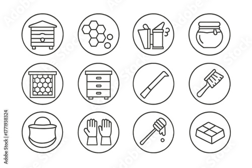 Beekeeping Essentials Icons. Line style icons of beekeeping in round shape: beehive, honeycomb, smoker, nectar jar; bee frame,