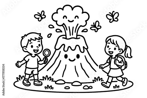 Gentle Volcano Eruption. Funny volcano erupting gently with smiling lava, butterflies, and children exploring safely, black and
