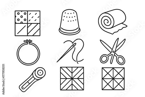 Quilting Tools Icons. Line style icons of Quilting: Patchwork, Thimble, Batting, Quilting Hoop, Sewing Needle, Fabric Scissors,