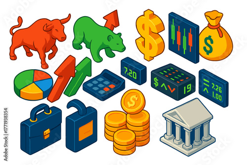 Wall Street Icons. Isometric vector illustration set Wall Street Trading Icons: bull, bear, growth arrow, dollar sign, candlestick