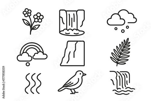 Flowering Waterfall Icons. Line style icons of Flowering Waterfall: Wildflower, Plunge Pool, Mist, Rainbow, Cliff Face, Fern,
