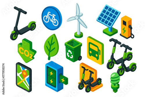 Eco Urban Mobility Icons. Isometric vector illustration set Eco-friendly Urban Mobility Icons: electric scooter, bike lane sign,