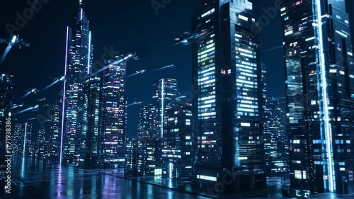A futuristic cityscape at night with illuminated skyscrapers, flying vehicles, and bright lights