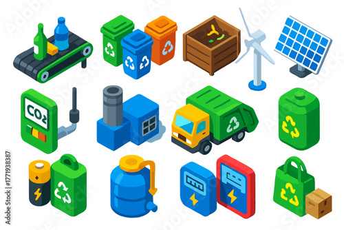 Eco Industry Icons. Isometric vector illustration set Eco Industry Icons: recycling conveyor belt, sorting bins, compost heap,