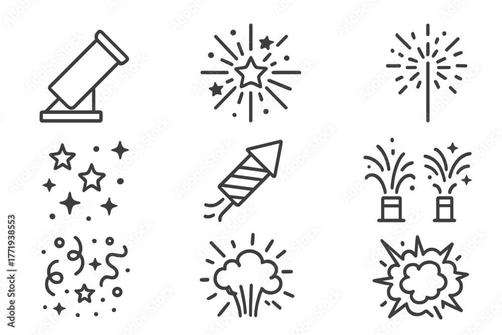 Fototapeta premium Fireworks Line Icons. Line style icons of Fireworks Display: Launch Tube, Star Burst, Sparkler, Night Sky, Rocket Firework,