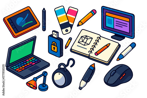 Creative Design Tools. Isometric vector illustration set design tools for graphic designers and creatives: pro drawing monitor,