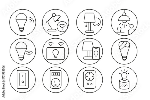 Smart Lighting Icons. Line style icons of smart lighting in round shape: smart bulb, smart lamp, voice-controlled light, motion
