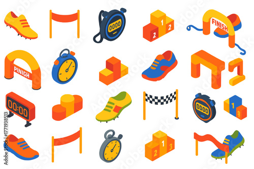 Running Competition Vector Set. Isometric vector illustration set running competition elements: track sprint shoes, finish line