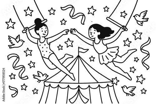 Magical Trapeze Scene. Magical trapeze artists swinging with stars, ribbons, and birds flying around the big top, black and white
