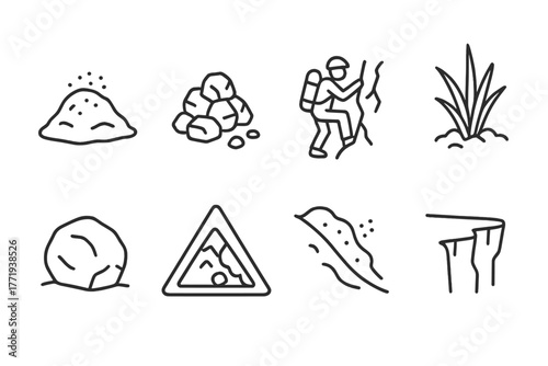 Northern Scree Icons. Line style icons of Northern Scree: Frost Patch, Loose Rock, Mountain Climber, Hardy Plant, Boulder,