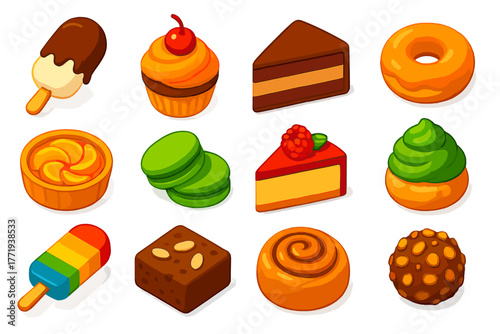 Vibrant Dessert Icons. Isometric vector illustration set dessert icons: chocolate dipped ice cream, cherry topped cupcake, mousse