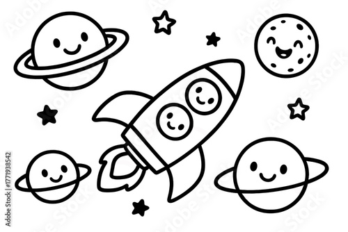 Joyful Rocket Journey. A cute rocket ship with happy windows flying past planets with funny faces and rings, black and white line