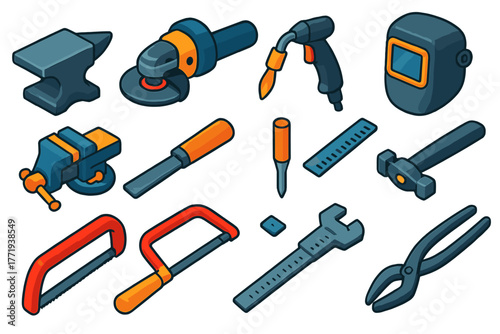 Metalworking Tools Icons. Isometric vector illustration set Metalworking Tools Icons: anvil, angle grinder, welding torch, welding