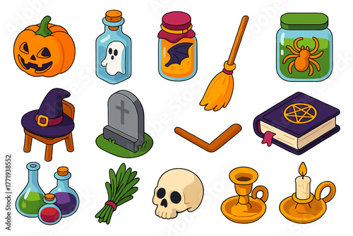 Witch's Lair Icons. Isometric vector illustration set Witch’s Lair Icons: pumpkin by cauldron, ghost in bottle, bat wing jar,