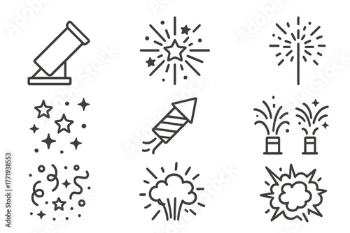 Fireworks Line Icons. Line style icons of Fireworks Display: Launch Tube, Star Burst, Sparkler, Night Sky, Rocket Firework,